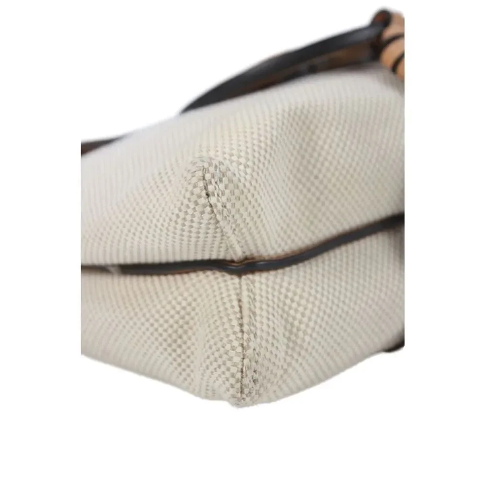 Tory Burch Womens Canvas Leather Logo Crossbody Handbag Beige Brown
